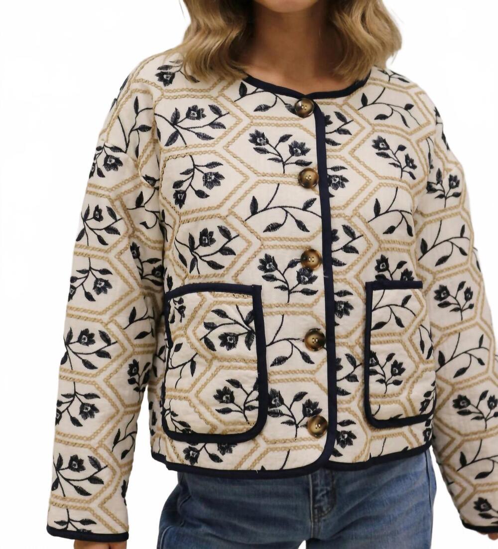 NEW ENTRO portman quilted embroidered floral jacket in cream navy - Picture 5 of 8